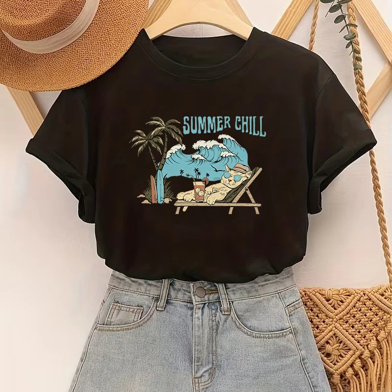 Letter Summer Chill Print T Shirt Women's Crew Neck Short Sleeve T-Shirt with Cat and Beach Print 90s Vintage Tshirt Clothes