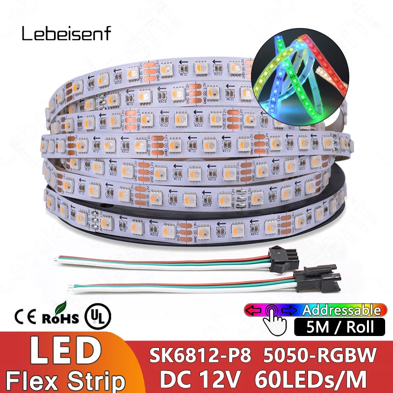 

5M SK6812 RGBW P8 60LEDs/m 5050 SMD Flex LED Programmable Full Color Pixel Light Strip White/Black PCB 1 IC Driver 3 LEDs DC12V