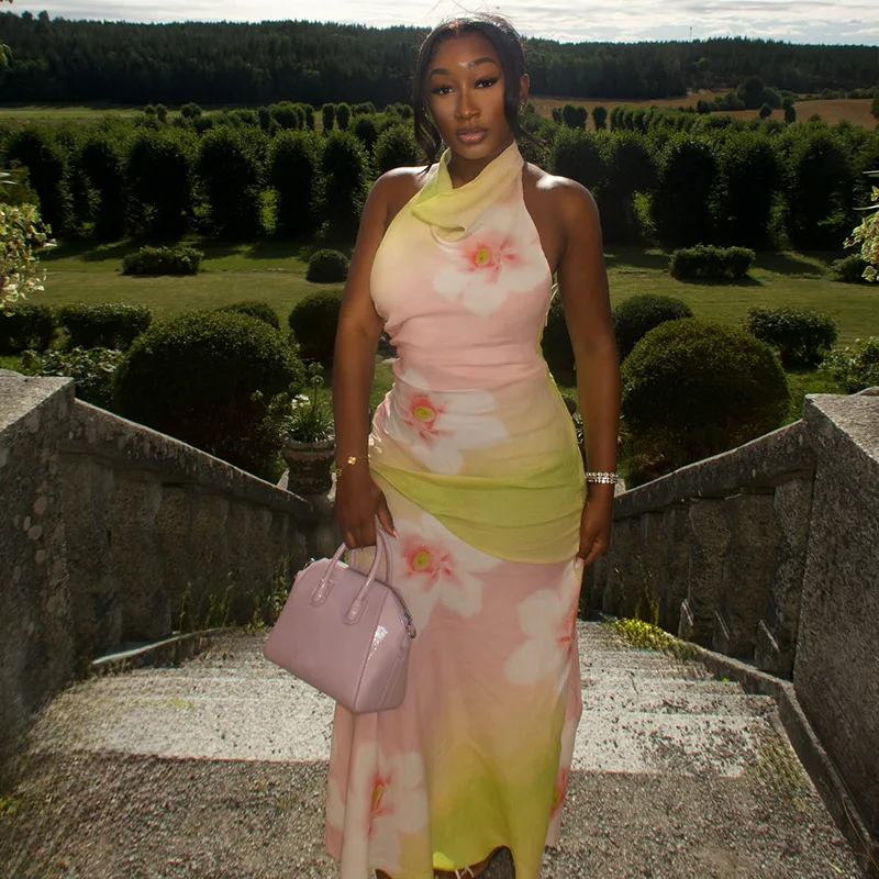 STYLISH LADY Pink Green Gradient Floral Print Dress 2026 Summer Women Halter Neck Backless Bodycon Vacation Party Maxi Dress