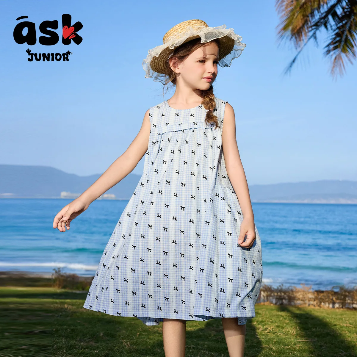 

Girls summer blue plaid bow contrasting print dress