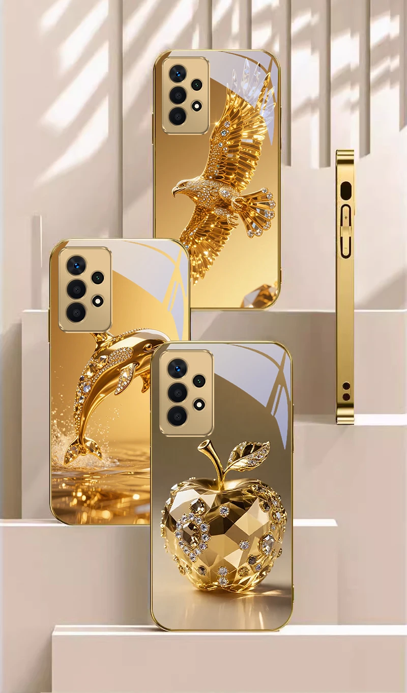 Golden dolphin glass phone case For Samsung A14 15 13 Galaxy S26 Plus Ultra S25 FE Edge  S24 S23 S22 5G Electroplated metalpaint