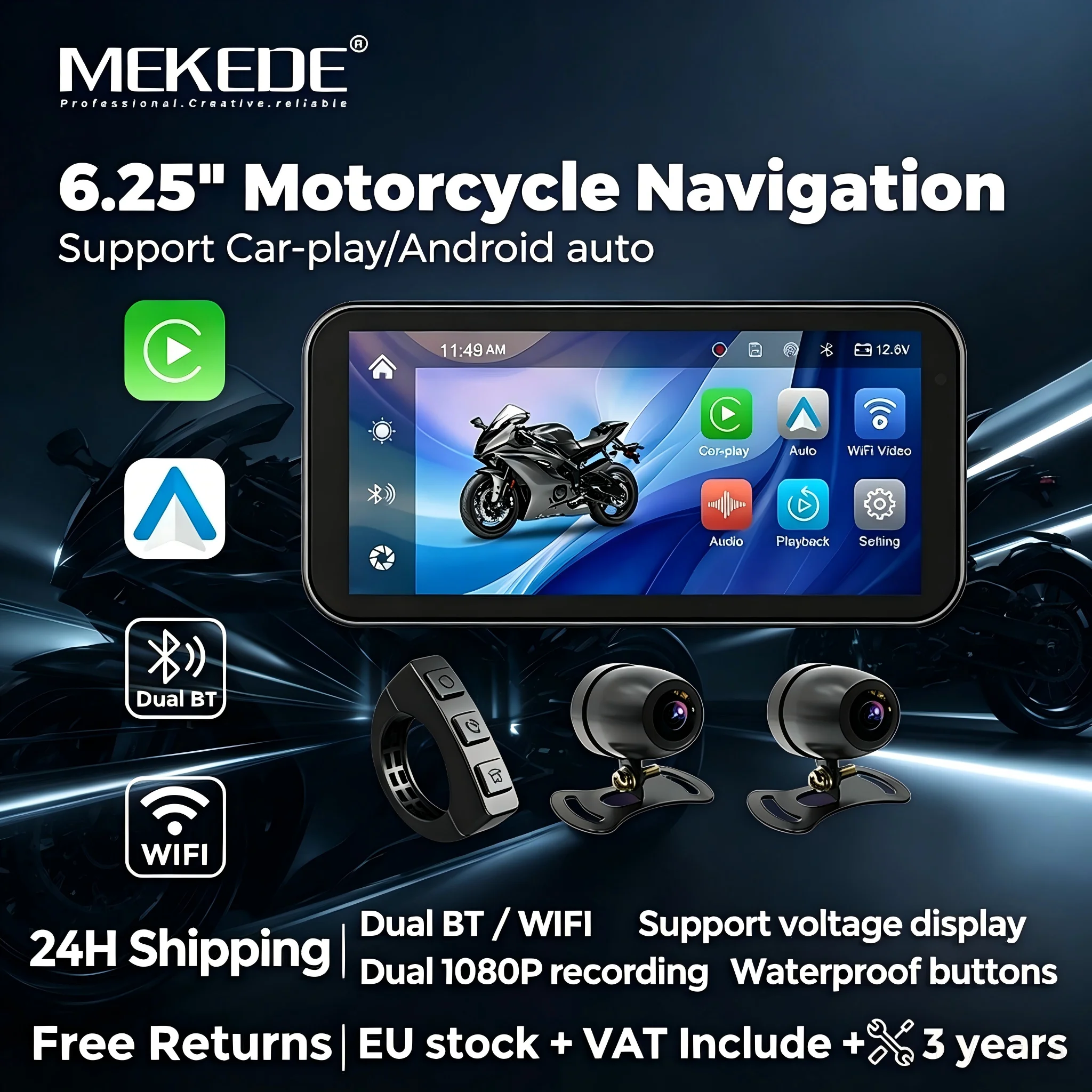 Navigatore GPS portatile da 6,25 pollici per moto, impermeabile IP67, con schermo touchscreen, CarPlay wireless, Android Auto, registratore per auto, doppio BT, WIFI, display della tensione, supporto
