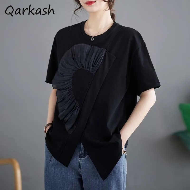 Short Sleeve T-shirts Women Irregular Hem Slit Design Plus Size Loose Summer Korean Style O-neck Splicing Age-reducing New Tops