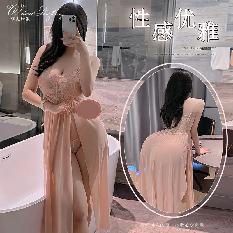 Sexy Mesh Nightdress for Women with High Slit Elegant Strap Long Dress Pure Desire Style Transparent Strap Nightdress
