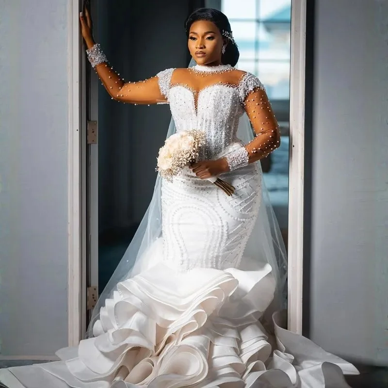 Customized Sheer Illusion Long Sleeves Tulle Lace Bridal Gowns for African Nigeria Black Women Tiered Mermaid Wedding Dresses
