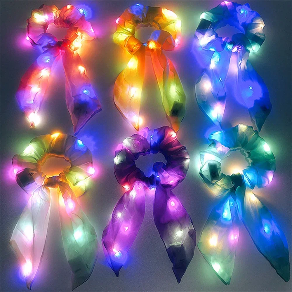 Led Luminous Bands Light Up Hair Bows Scrunchies Girls Headwear Hair Rope Hair Accessories Glow In The Dark Party Supplies