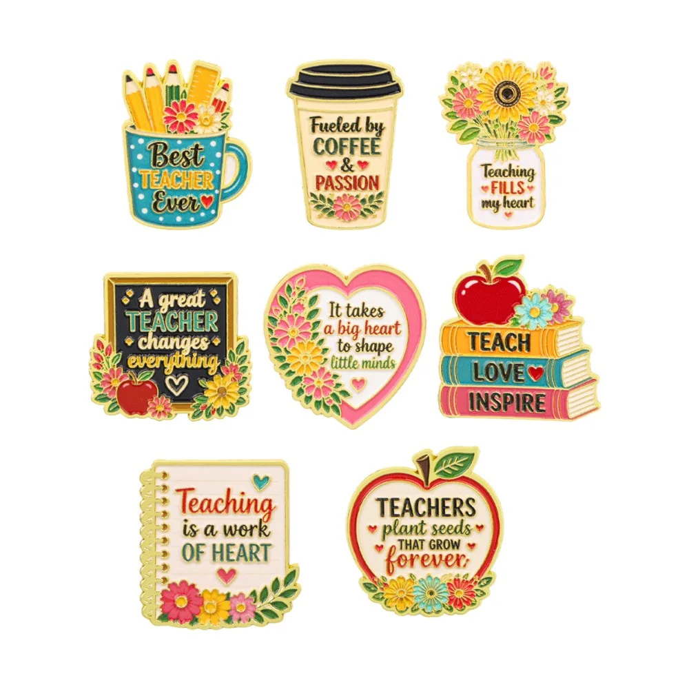 Sunflower Enamel Pins Cute Apple Coffee Cup Brooch Inspirational Slogan Lapel Pin for Teacher Day Gift Backpack Badges Decor