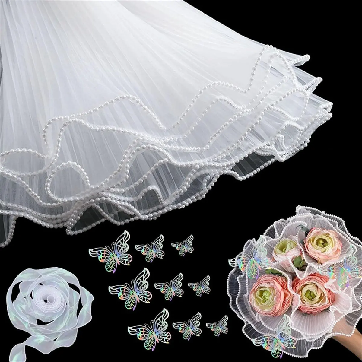 【~ NEW A89Z】White Flower Wrapping Paper Kit 4.37 Yards Pearl Lace Mesh for Bouquets, Wave Tulle with Ribbons and 3D Butterflies