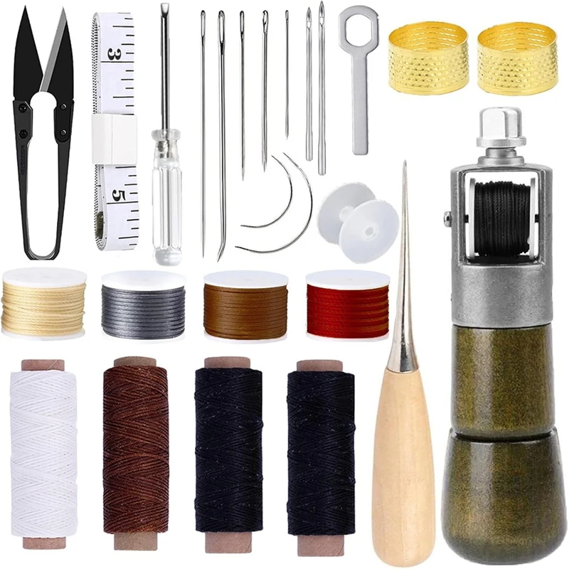 Leather Sewing Kit,Straight Bent Needles Rolls Waxed Threads Small Screwdriver Yarn Scissorsneedle Threader Tape Measure