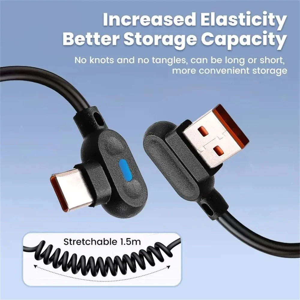 6A Fast Car Charger Cable Retractable USB C 90° Elbow Design with Spring for IPhone Samsung Tablet Laptop Carplay Wire Cords image 3