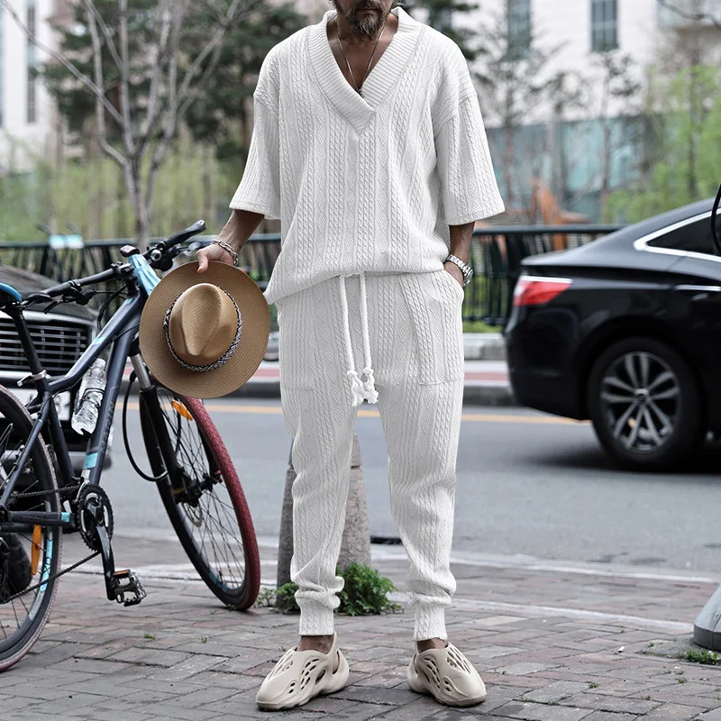 

Men's Cable Knit Set V Neck 3/4 Sleeve Top Drawstring Pants Casual Outfit
