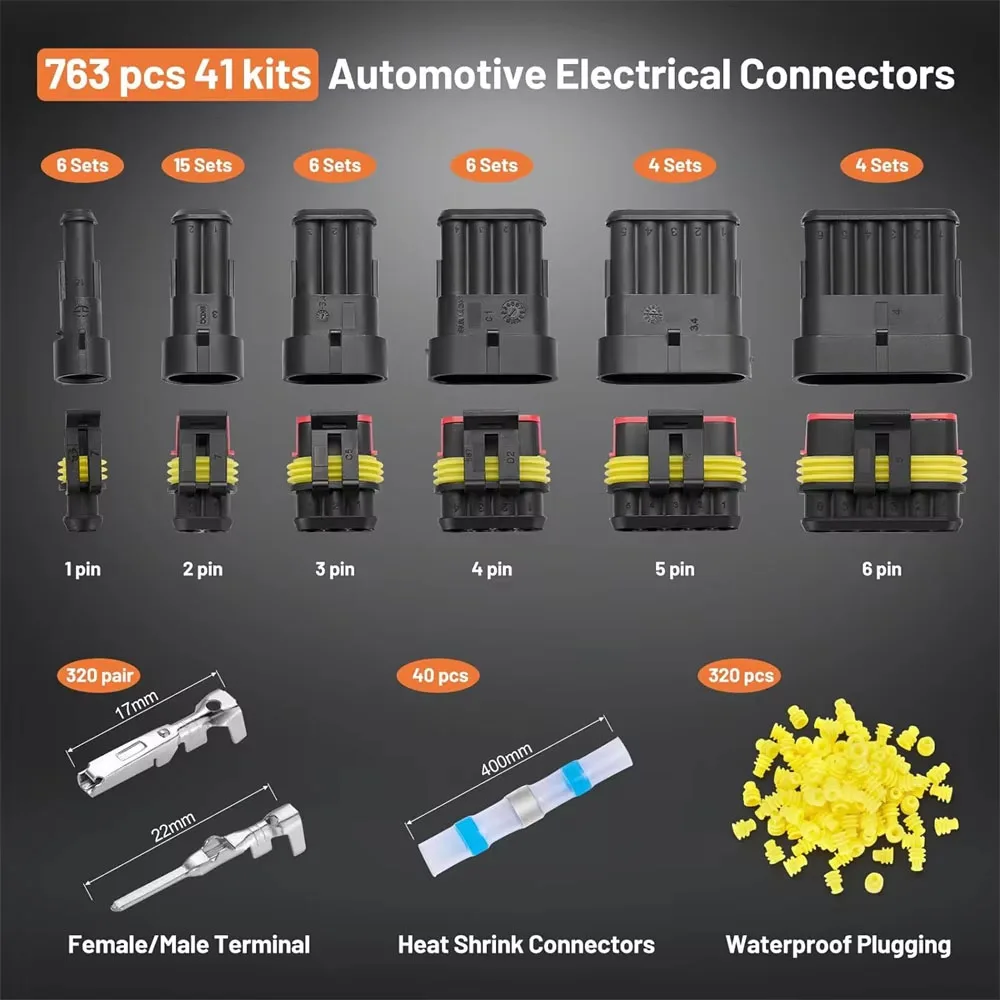 763PCS Waterproof Connectors Kit 41 Kits Automotive Electrical Wire Connector 1/2/3/4/5/6 Pin Plug Connector for 16-22 AWG Wires