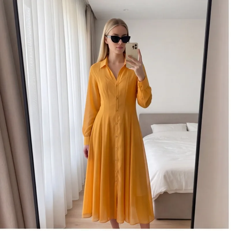Guobioziy Summer Fashionable Translucent Feel Button up Polo Collar Long Sleeve Loose Waist Midi Shirt Dress for Women