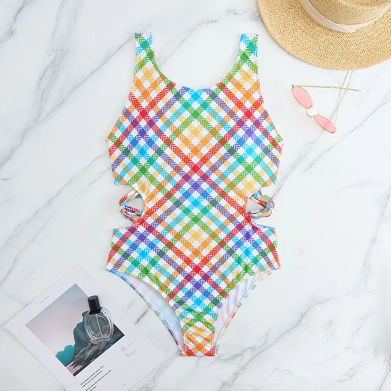 

2026 Girls Swimsuit One Piece Rainbow Plaid Kids Swimwear Children's Bathers Bathing Swimming Swim Suit Summer Beachwear