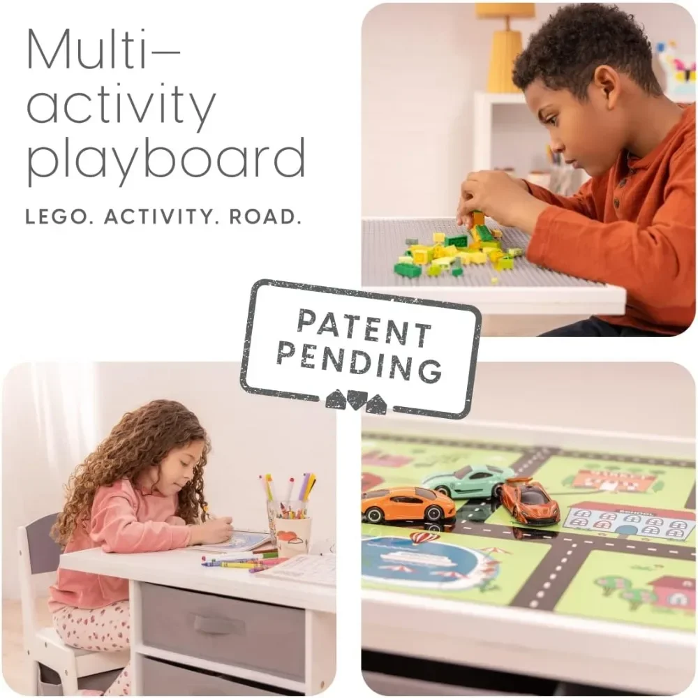 Kinderen 3-In-1 Speeltafel En Stoel Set Hout Met Opbergmanden, Compatibel Met Lego-En Duplo-Stenen, Activiteitstafel Speelset