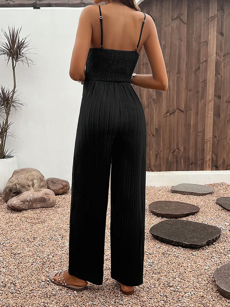 Fashion Casual Women\'s Pants Black Color Pocket Double Shoulder Thin Shoulder Straight Overalls Wide-Leg Pants On Sale