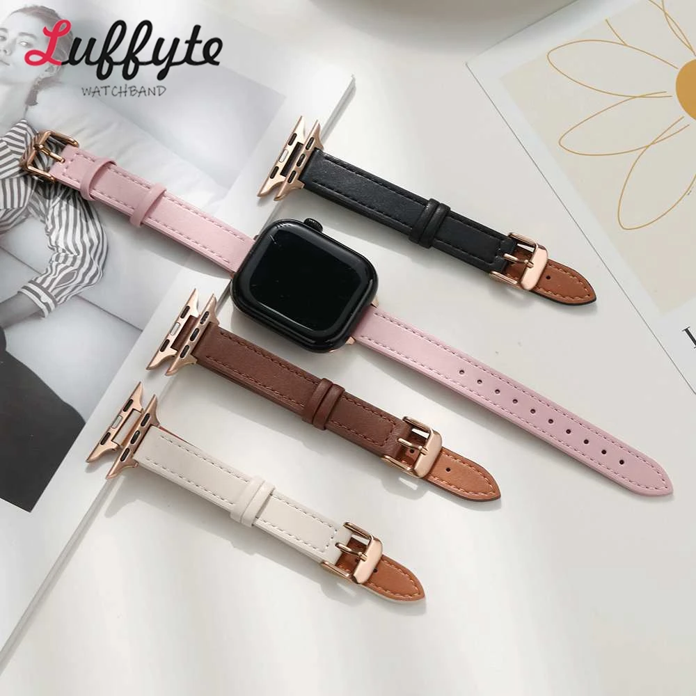 Schlankes Lederarmband für Apple Watch 1–10 Ultra SE 2, Damenarmband mit roségoldener Schnalle, 38 40 41 42 44 45 46 49 mm – Detail 3