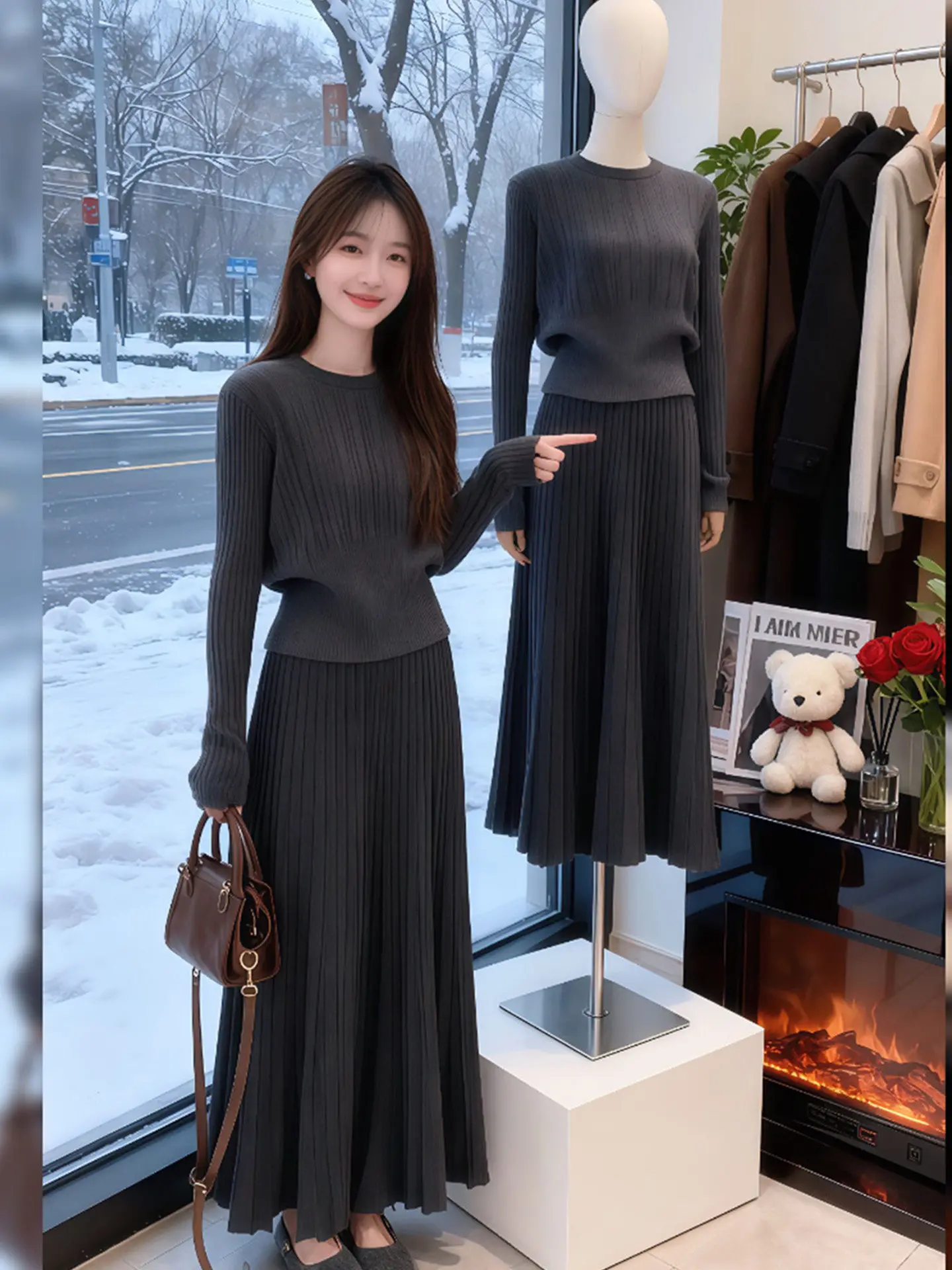 

mat Sle Knitted round Ne Slim Fit Top And f Skirt Casual Faion Two Piece Set for Women Autumn Winter New Arrival