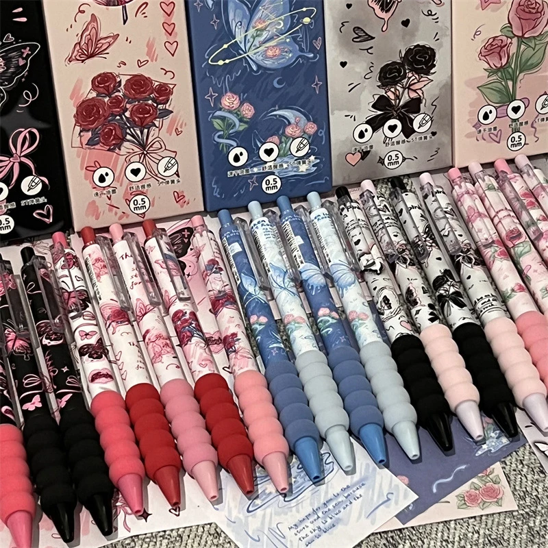 Bolígrafo de Gel de mariposa Kawaii, 4 piezas, tinta negra ST Nib, escritura suave, agarre suave, esponja, accesorios para la escuela y la Oficina, suministros de papelería