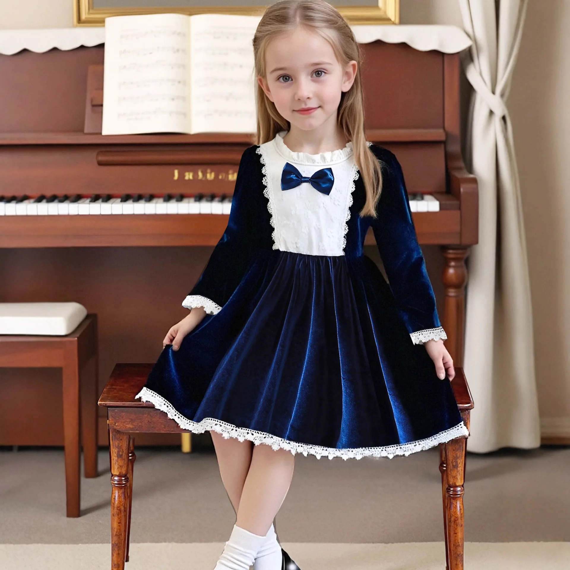 Elegant Girls' Dress with Ruffled Small Stand Collar and Three-dimensional Bow Lace Design, Long Sleeved Dress