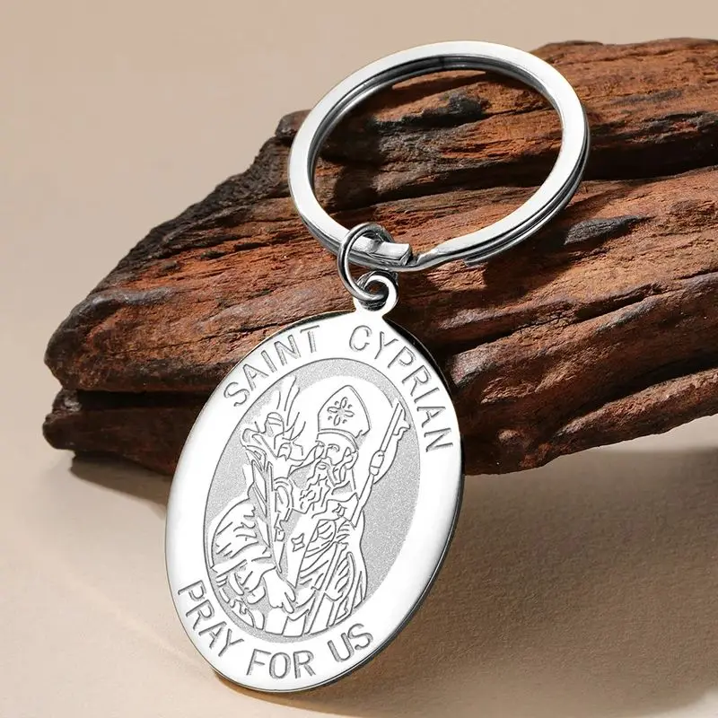 Dawapara Saint Cyprian Medal Keychain Religious Catholic Protection Amulet Michaelmas North Africa Stainless Steel Jewelry