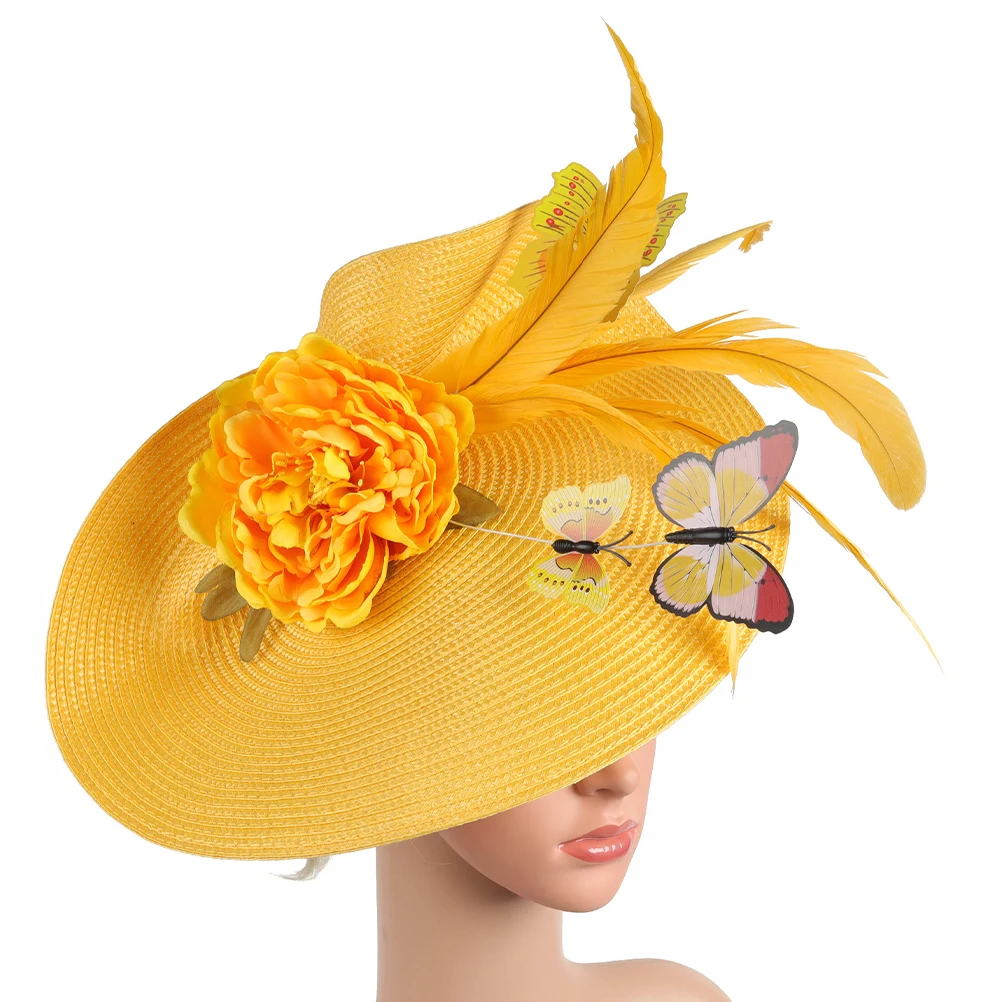 

Women Fascinators Hat Yellow Fabric Straw Design Hair Accessories Bride Headdress Tea Party Wedding Headband Butterfly Decorated
