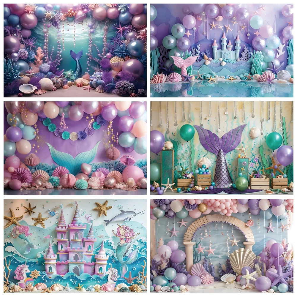 

Mermaid Princess Girl Birthday Backdrop for Photography Underwater World Castle Seashell Baby Shower Cake Smash Photo Background