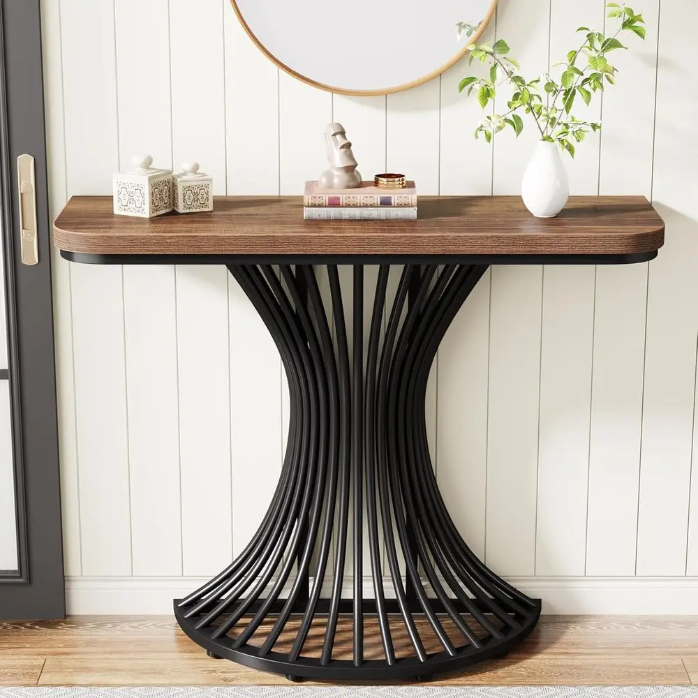 

Geometric Metal Base Small Sofa Accent Table, 39-Inch, Rustic Brown for Entryway, Living Room, Hallway