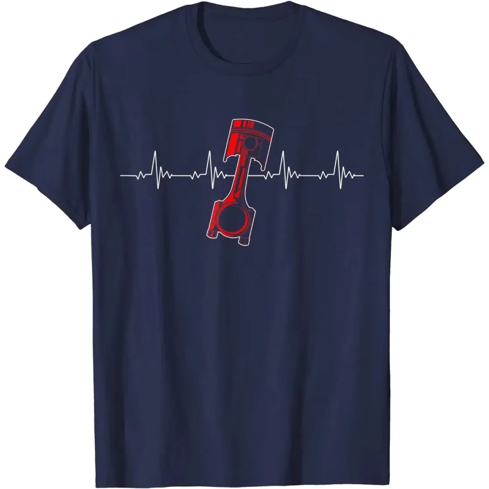 Engine Piston Heartbeat Line Graphic T-shirt Men Cotton Short Sleeve Car Mechanic Racing Auto Repair Lover Loose Casual Tops