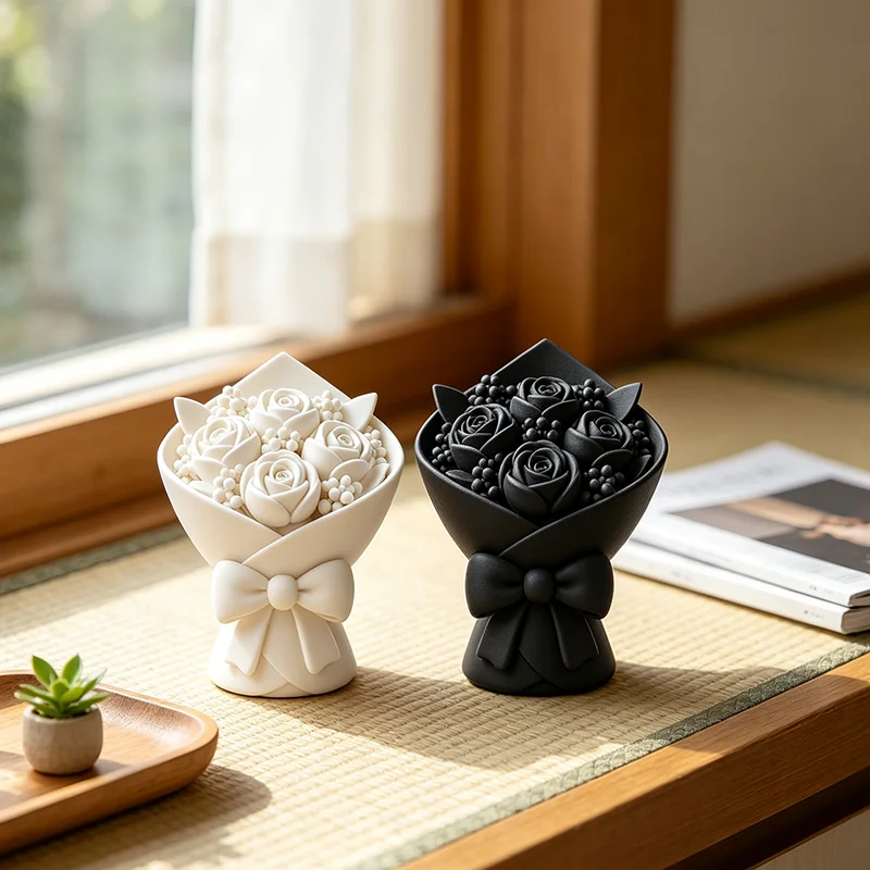 3D Printed Rose Bouquet Desktop Ornament Bow Knot Decor Minimal Sculpture Table Decor for Bedroom Shelf Etc