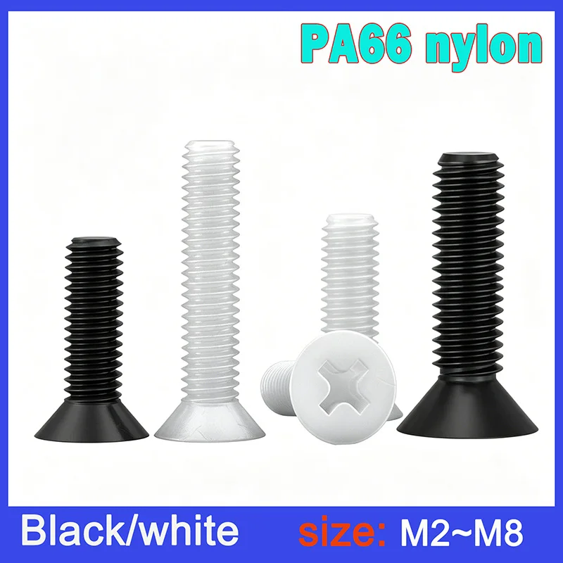 50~100Pcs Black/White PA66 Nylon Countersunk Screws  Phillips-Head Screws  Insulated Plastic Screws M2 M2.5 M3 M4 M5 M6 M8