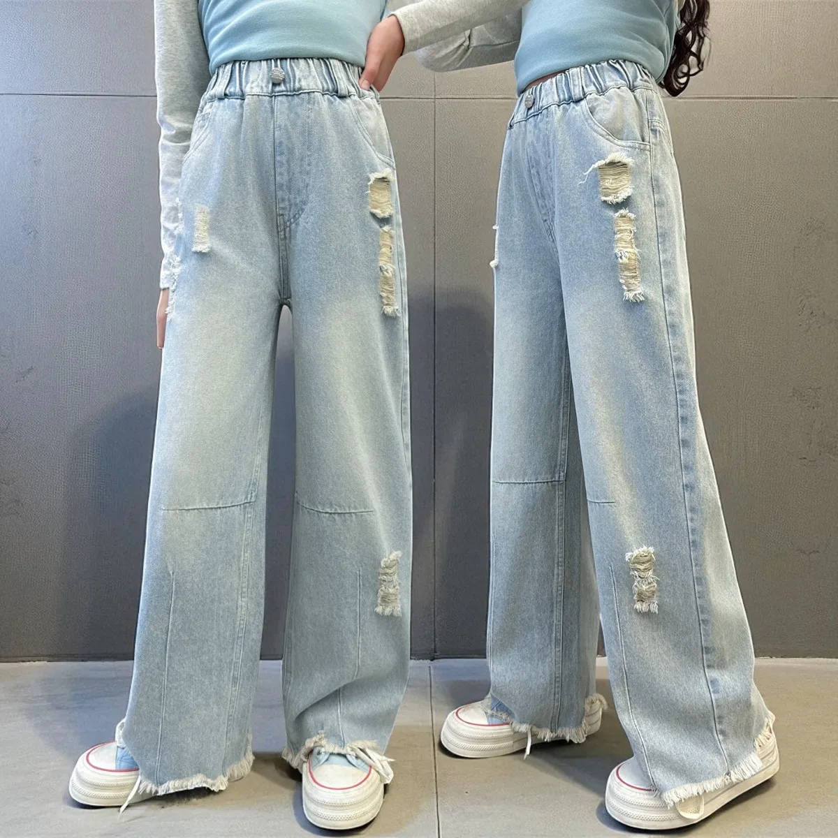 School Kids Baggy Jeans for Girls Wide Leg Denim Pants Girls Loose Ripped Trousers Streetwear Children Outfits 6 7 8 10 12 Years