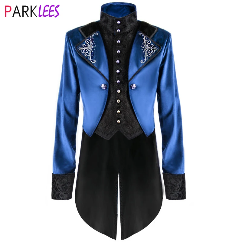 Royal Blue Steampunk Gothic Tailcoat Jacket Men Victorian Medieval Renaissance Halloween Uniform Stage Cosplay Pirate Outfit 3XL