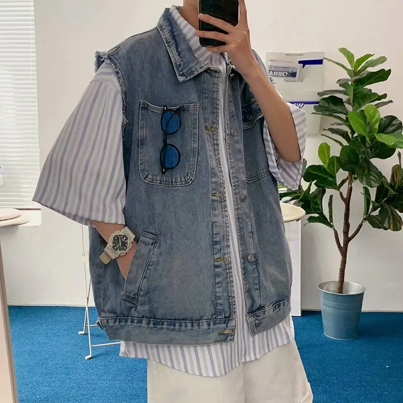 

2025 Summer Men's Retro Bohemian Denim Vest Streetwear Essential Unisex Streetwear with Distressed Edges​
