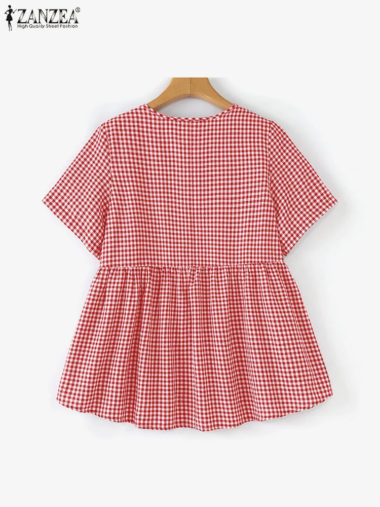 ZANZEA Vintage Gingham Blusas Women 2024 Summer Short Sleeve O Neck Casual Loose Blouses Elegant Button Up Checked Shirts Femme