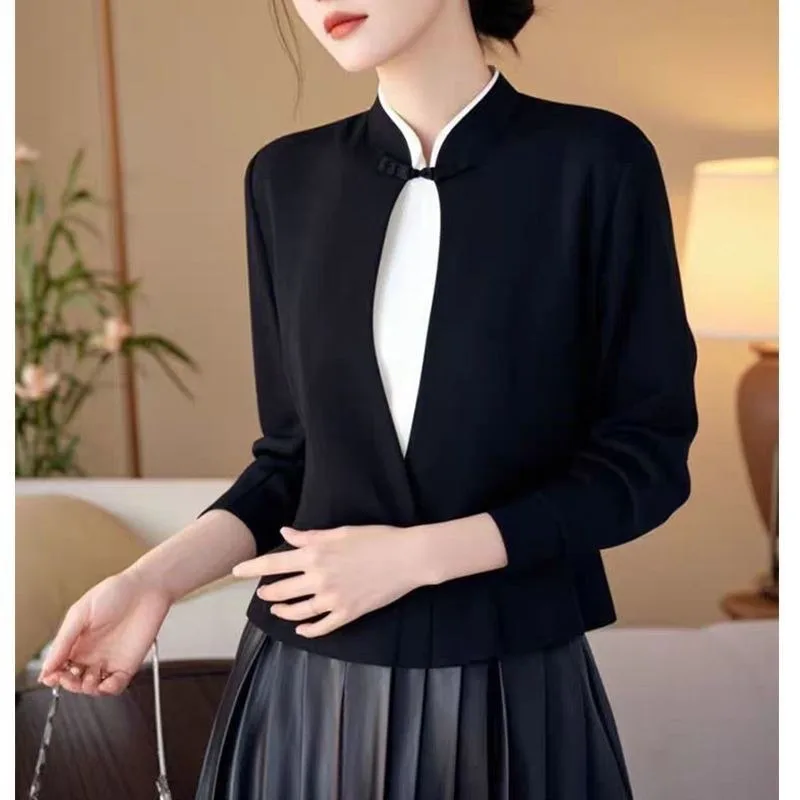 

Autumn Winter Contrasting Color Fake Two-piece Long-sleeved Bottoming Shirt New Chinese Style National Style Buttoned Bottoming