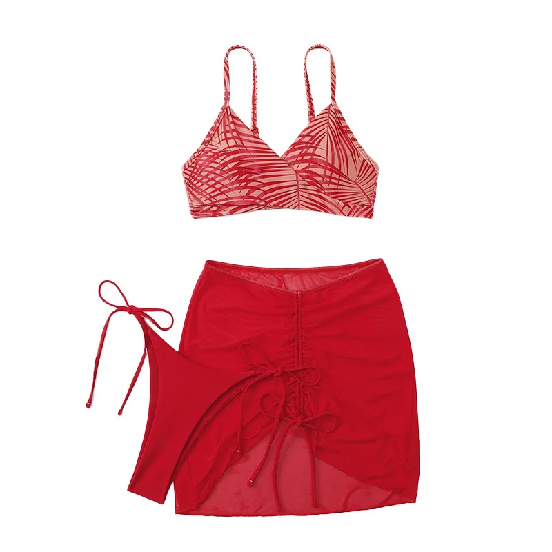 3-Piece Swimsuit Set Bathing Suit Women Swimwear  Bikini Set Woman Swimsuits Sexy Lace Up Swimsuits Printed Vest