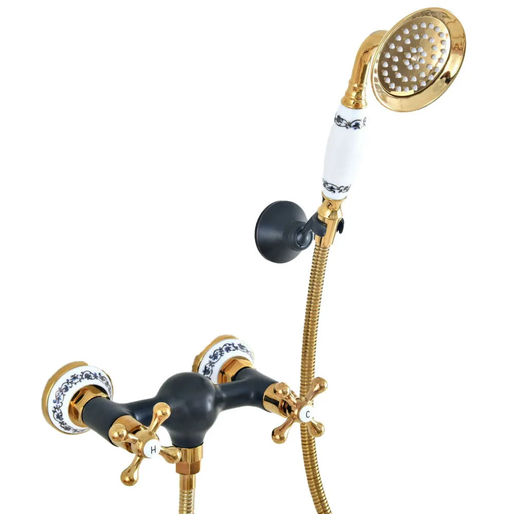 

Polished Gold & Oil Rubbed Brass Wall Mounted Bathroom Shower Faucet Set with 1.5M Hose Handheld Spray Head Mixer Tap Dna515