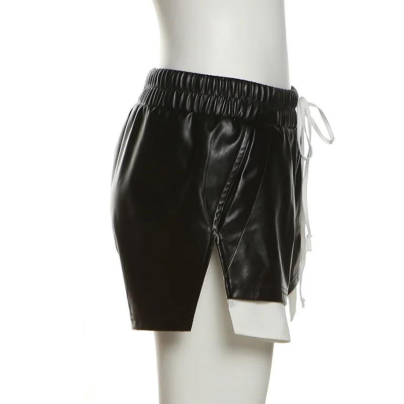 2024 Summer Women's New Fashion Contrast Color Imitation Leather Lace up High Waist Wrap Hip Tight Casual Shorts for Women