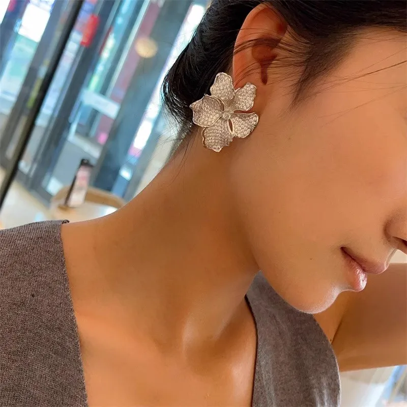 

Large Flower Earrings Silver Gold Color Zirconia Wedding Bling Bling Jewelry