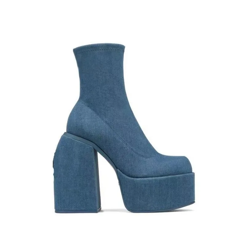 Designer Ankle Boots for Women Brand Woman Heels Platform Chunky Blue Cowboy Boots Solid Women Shoes New Sexy High Heels