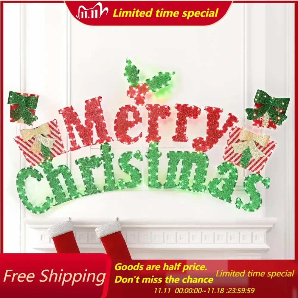 2-in-1 Merry Christmas Sign for Decoration, 6FT Pre-Lit Holiday Greeting Sign Decor with 456 LED Lights, Freestanding or Hanging