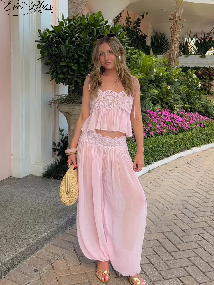 Boho Lace Trim Pink Chiffon 2-Piece Outfit Spaghetti Strap Flowy Cami Top & Elastic Waist Wide Leg Pants Summer Beach Set - view 2