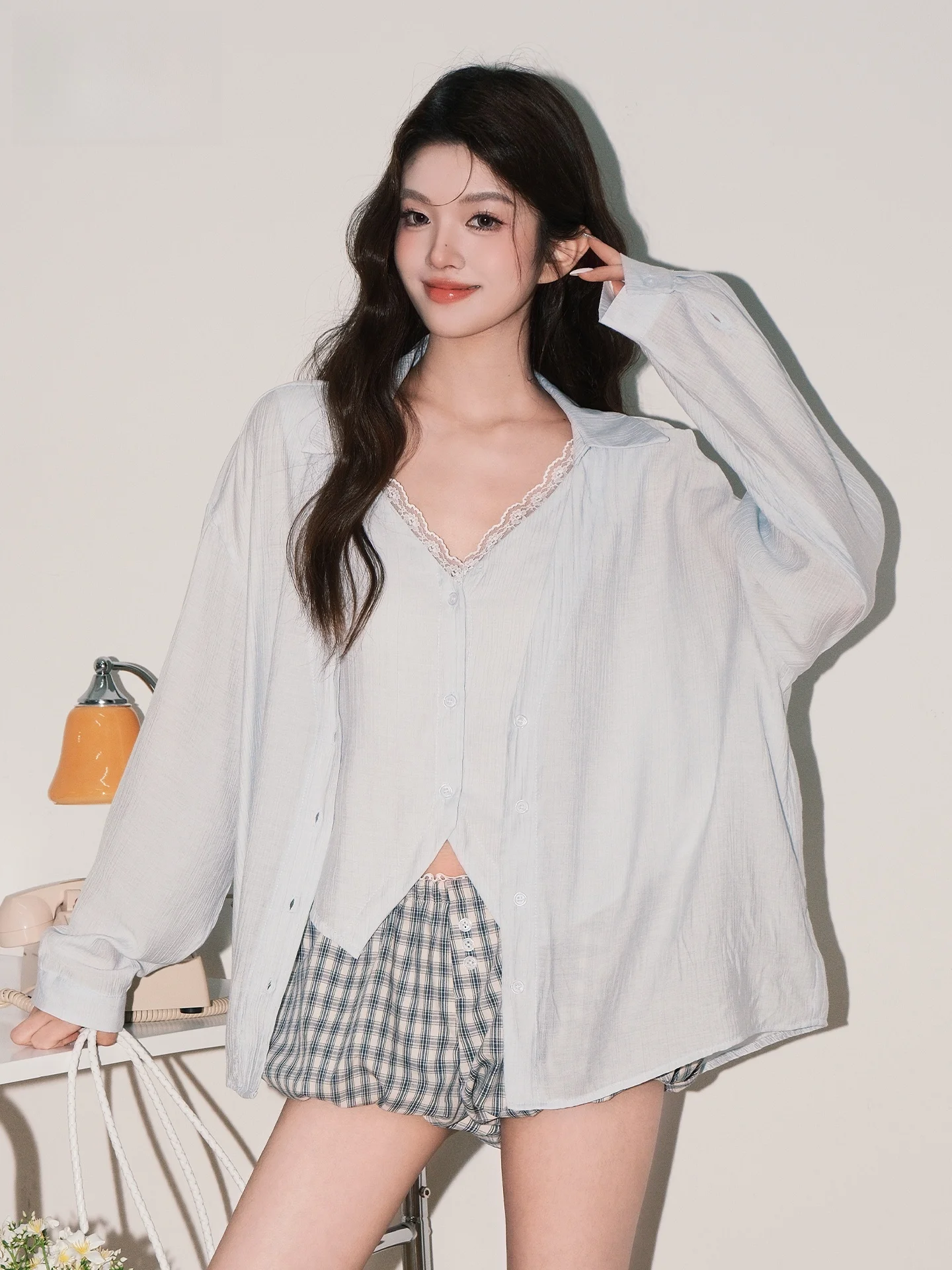 

White Lace Splice Long Sleeve Shirt Women's Loose Top Summer New Style Simple High-End Feeling Casual Style Button Design