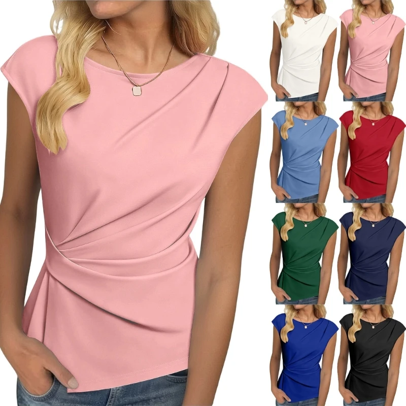 

Women Sleeveless Pleated Shirts Flowy Asymmetrical Top Casual Blouse Basic Tees Clothes 6XDA