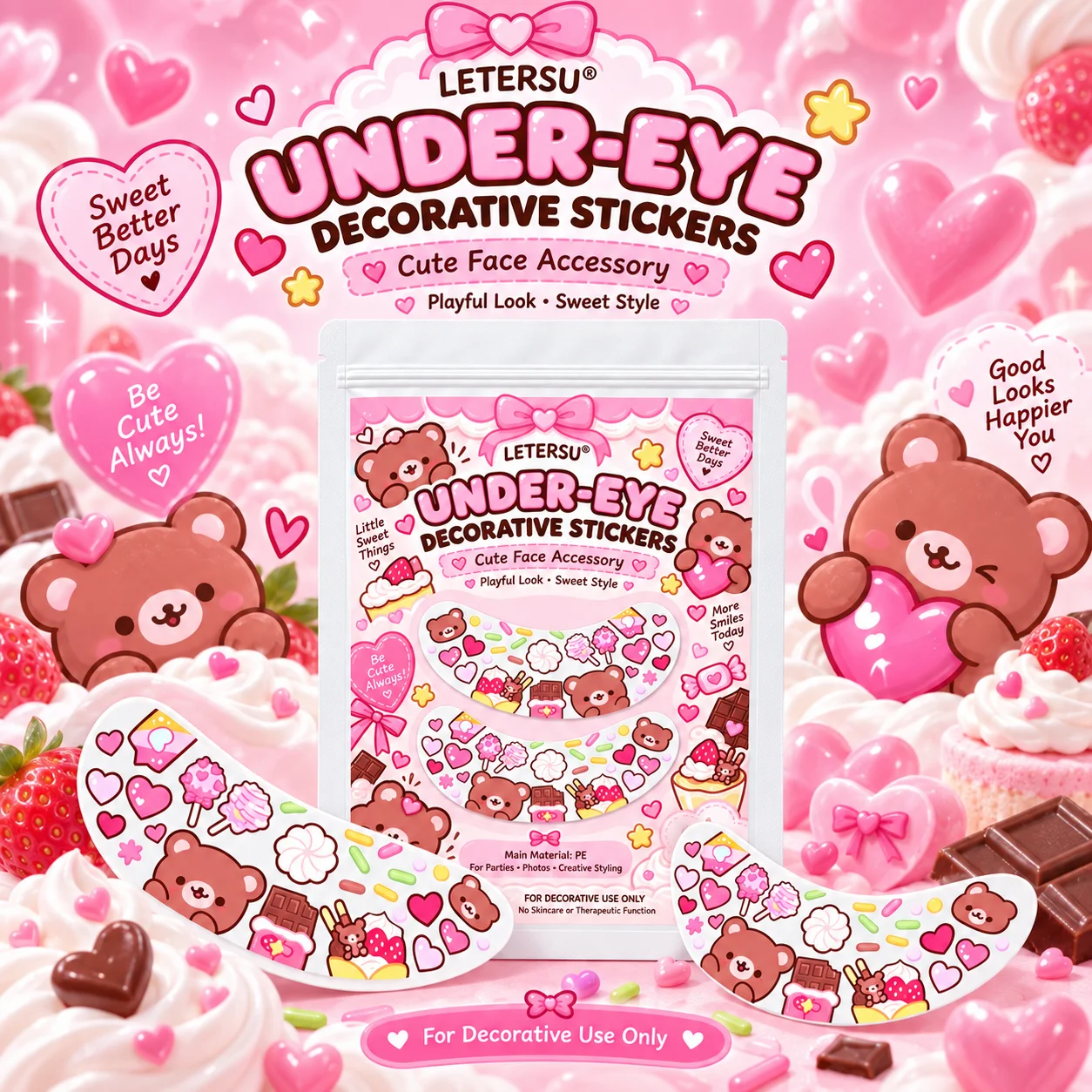 4PCS Cute Bear Under Eye Stickers, Kawaii Cartoon Eye Patches, Pink Face Makeup Accessories for Girls, Party Cosplay Photos