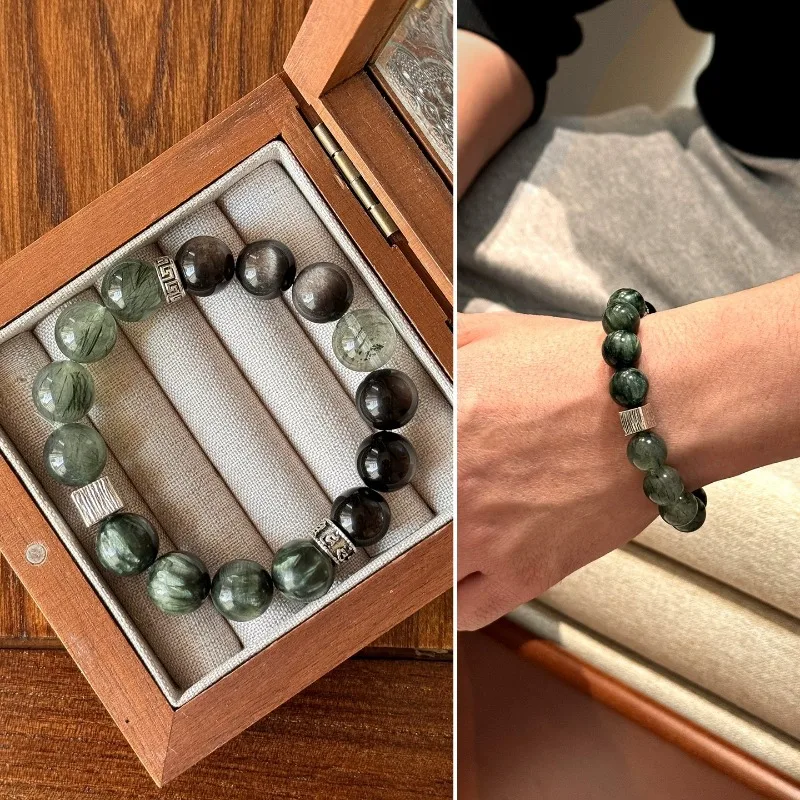 Natural Crystal Bracelets for Men Green Phantom Silver Obsidian Citrine Bracelets Bring Luck & Fortune Valentine Gifts