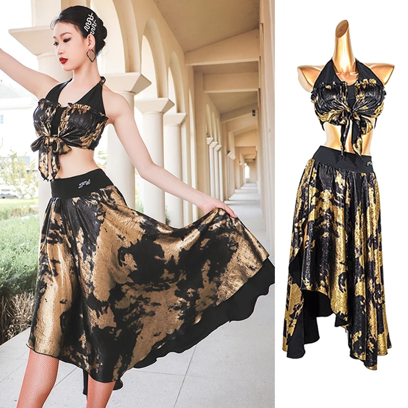 

Summer Latin Dance Suit For Women Halter Top Black Gold Printed Skirt Ballroom Standard Dance Costume Training Clothing VDL3656