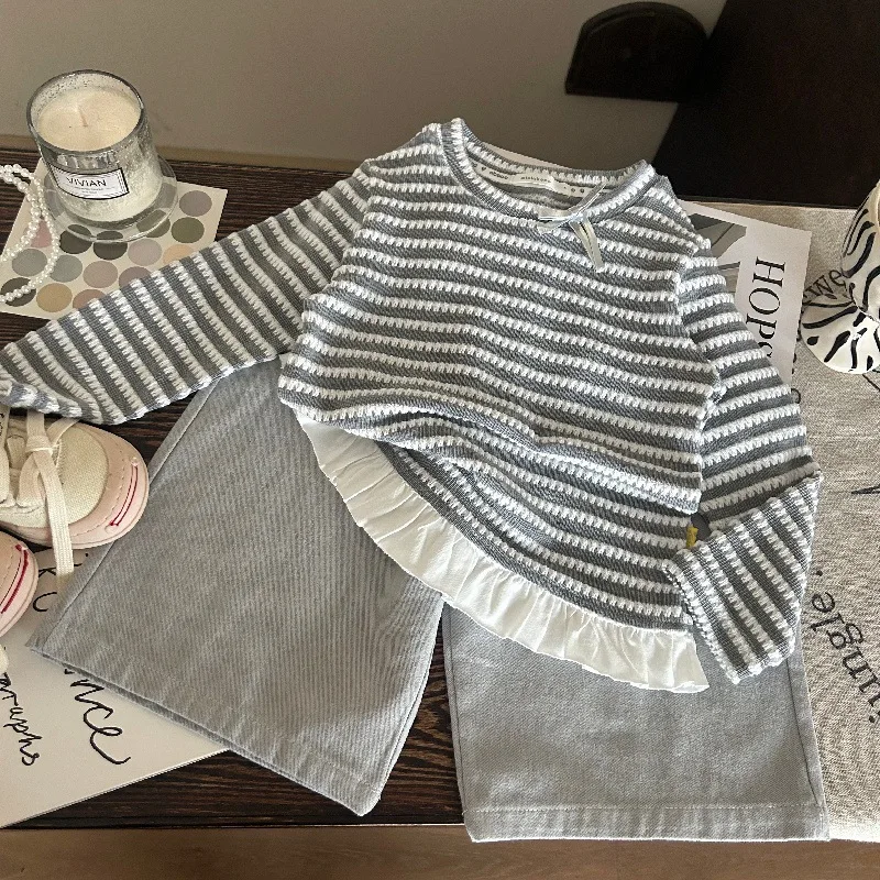 

2025 New Spring Girls Toddler Korean 2-Piece Set Striped Base Shirt Casual Blue Wide Leg Pants Trendy Children's Clothing