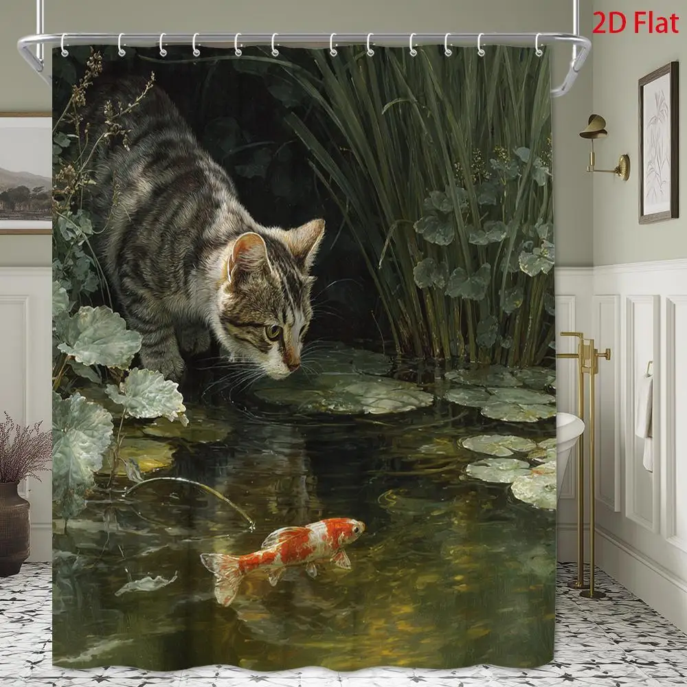 Waterproof Shower Curtain Cat Pond Koi Fish Art Print Woodland Tapestry Bathroom Decoration Tabby Kitten Nature Scene